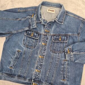 Vintage Wrangler Rugged Wear Mens Blue Denim Trucker Jacket Western XL Country